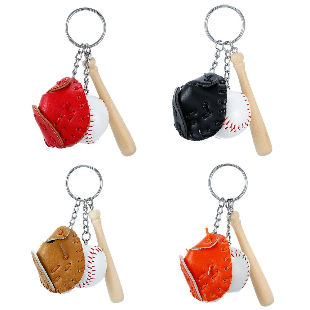 Party Mini Three-piece Baseball Glove Wooden Bat Keychain Sports Car Key Chain Key Ring Gift For Man Women RRE14678