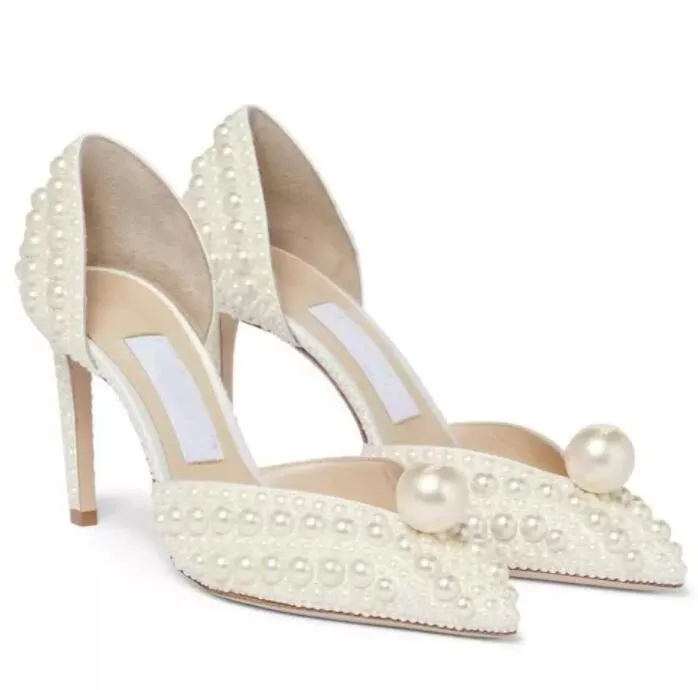 Eleganti scarpe da sposa da sposa Sandali da donna Pelle di perle Tacchi alti di lusso da donna Walking con scatola