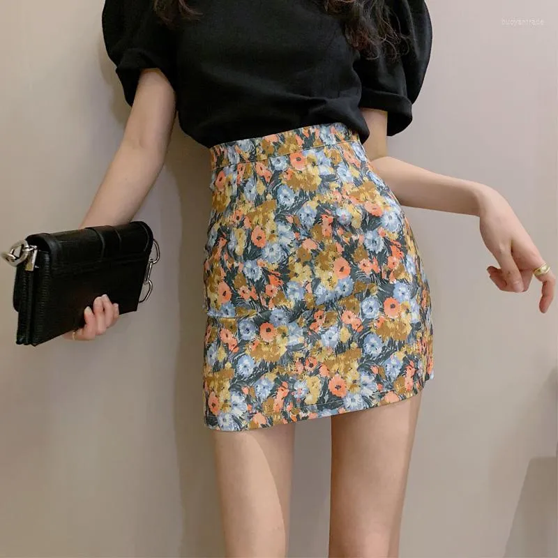 Skirts Print Women Short Skirt Summer High Waist Yellow Daisies Lilac 9319