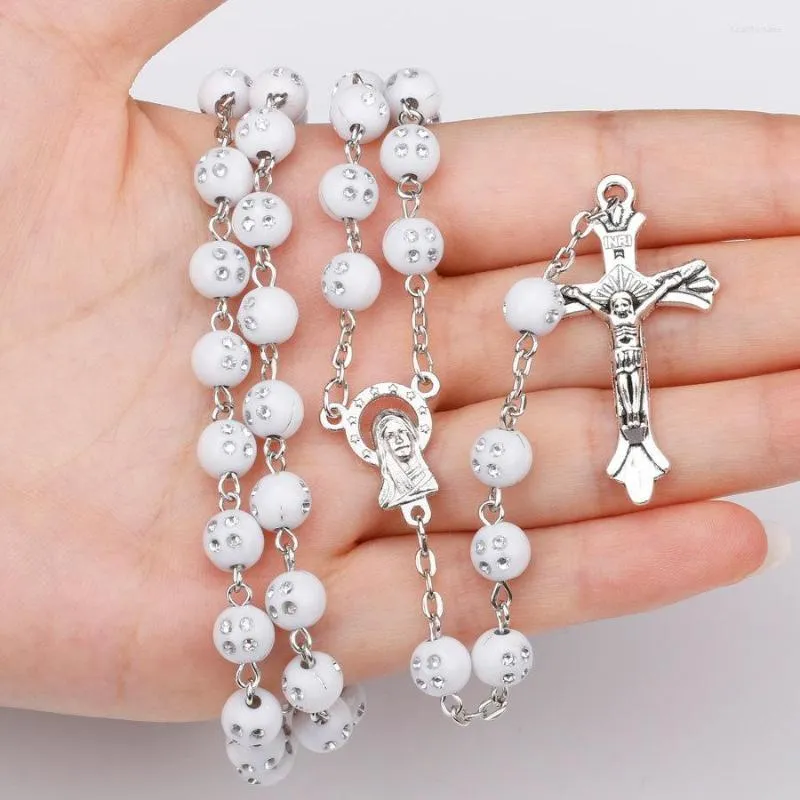 Choker witte rozenkrans ketting met strass kralen lang gebed van het kruis van Christus