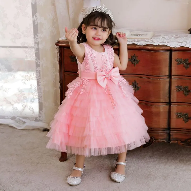 Girl Dresses Pink Pageant Sleeveless Kids Princess Gowns With Pearls Lace Tulle Cake Flower For Wedding Birthday Party