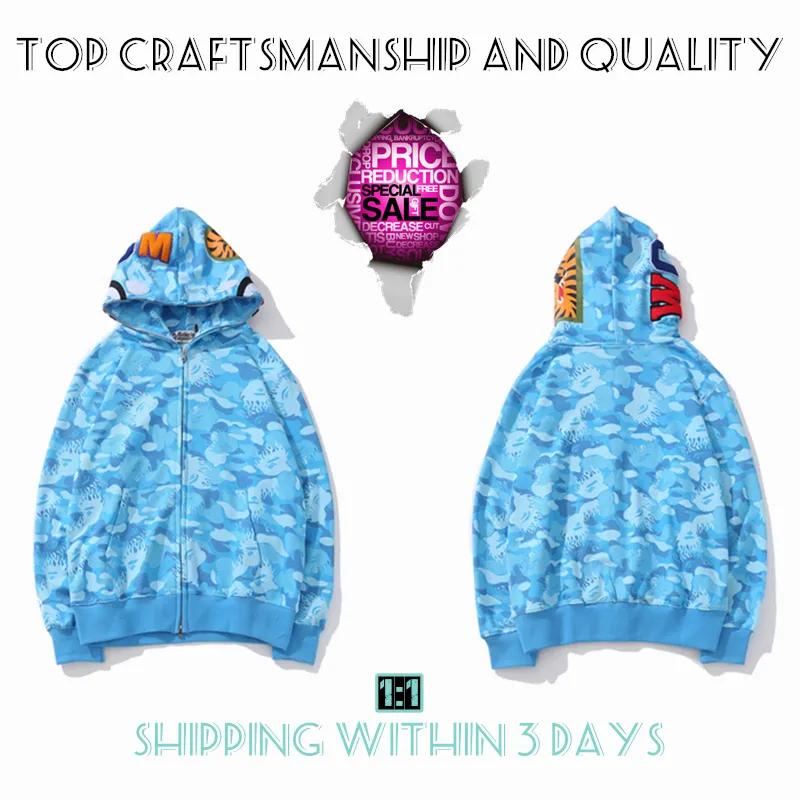 Top Craftsmanship Mens hoodies apes hoodie designer jacket shark pullover tiger full zip color Harajuku sweatshirt Fashion co-branding camouflage hoodys 2-1
