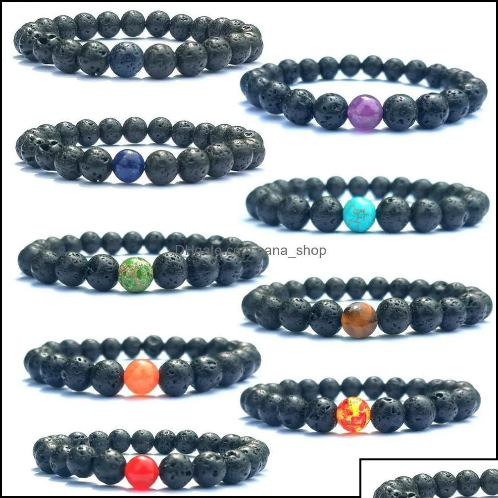 チャームブレスレット8mm Agate Chakras Black Lava Stone Beads Elastic Essential Oil Diffuser Bracelet vol bdehome otfde