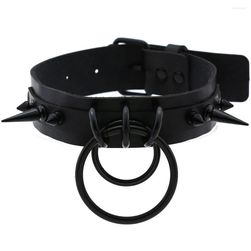 Cara Emo Black Spikes Punk Collar Double Ring Pingnde