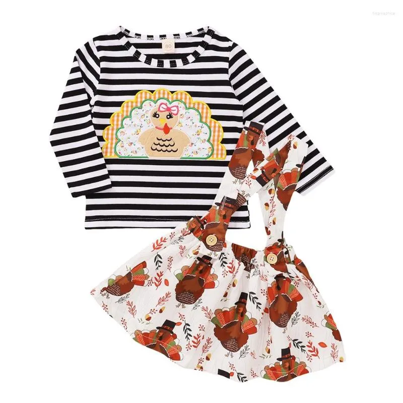 Conjuntos de roupas 2pcs terno infantil conjunto de pescoço redondo listrado T-shirt de peru de manga longa e saia de suspensão de impressão floral branca