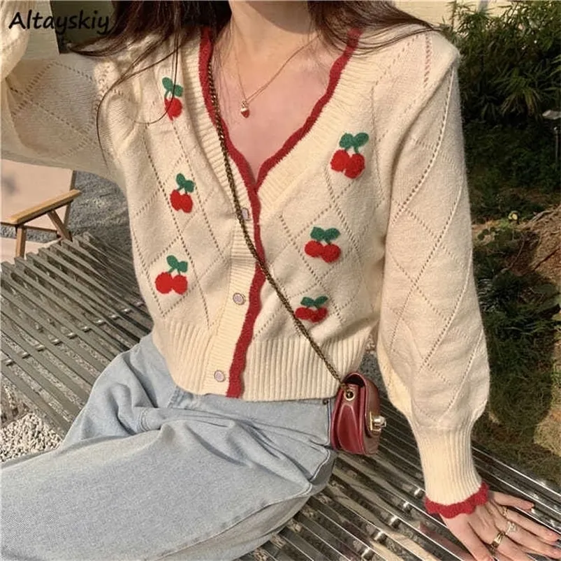 Women's Knits Tees Autumn est Cardigans Women Sweet Elegant V-neck Lovely Cherry Patchwork Ladies Outwear Gentle High Street Leisure Trendy Chic 221006