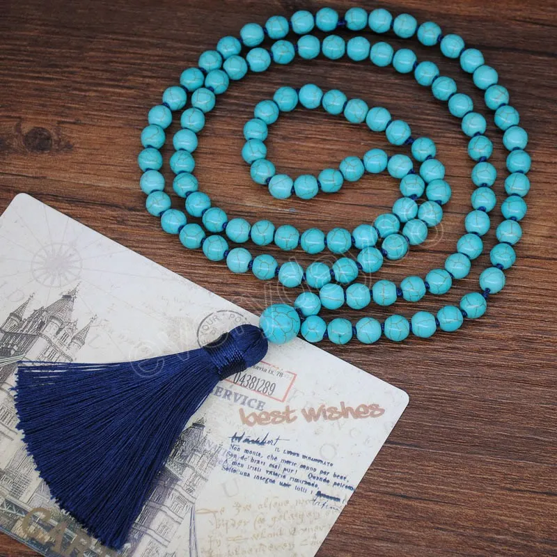 Chaîne d'ethnique rétro à main nouée Collier turquoises Collier Femmes Long Tassel Pendant Stone Perle Boho Colliers Bijoux