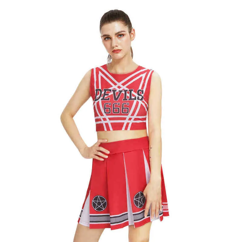 Tute da donna Devils 666 Cheerleader Come for Adults Deinfluencer Cosplay Uniforme rossa senza maniche Cheerleader Gonna a pieghe Abito T220909