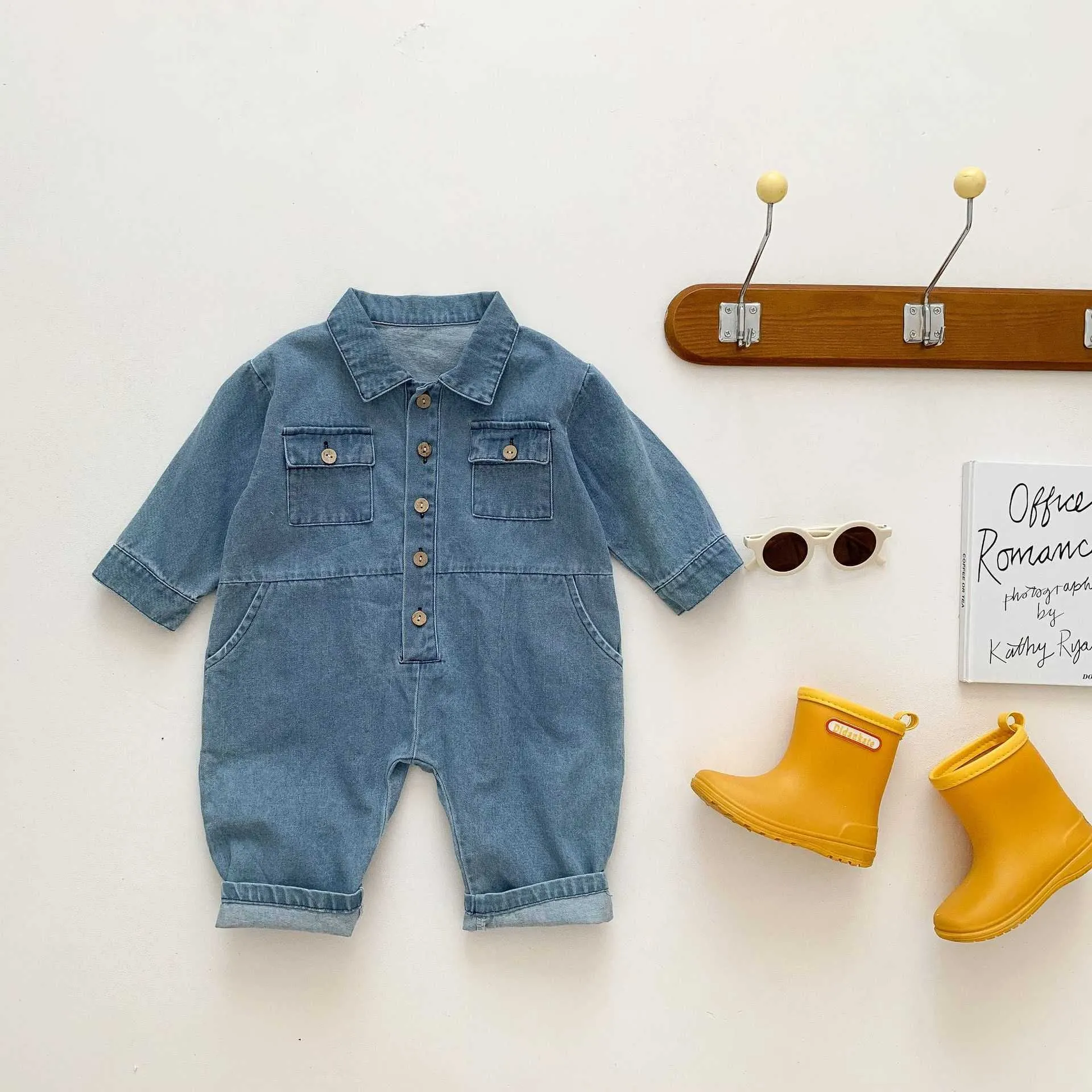 Rompers 03Y For Baby Boy Fashion Long Sleeves Romper Kid Turndown Collar Solid Denim Jumpsuit One Piece Girl Autumn Cool Clothes J220922