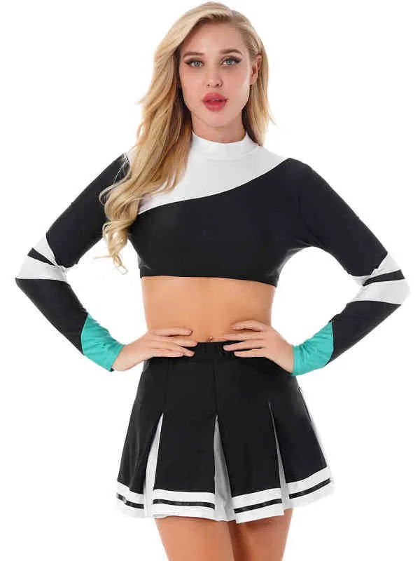 Women's Tracksuits Black Womens Cheerleading Uniform Come Mock Neck Long Sleeves Colorblock Dance Tops with Pleated Skirt Set Cheerleaders Suit T220909