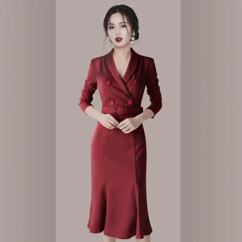 Work Dresses Vintage Occupation Lady Elegant Blazer Collar Dress Women Fashion Double Breasted Spring Business Mermaid Dress With Belt 221006