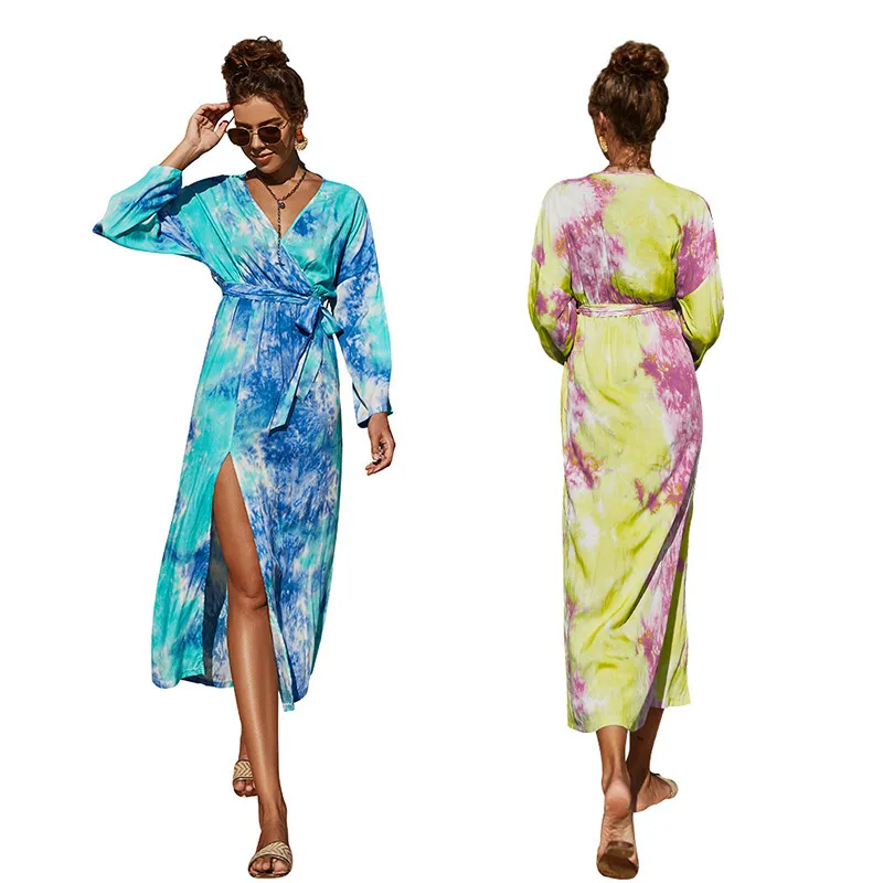 V Neck Slit Long Sleeve Dress Women Casual Tie-dye Print Sexy Dress 2021 Fashion New Summer High Waist Slim Loose Dress Vestidos