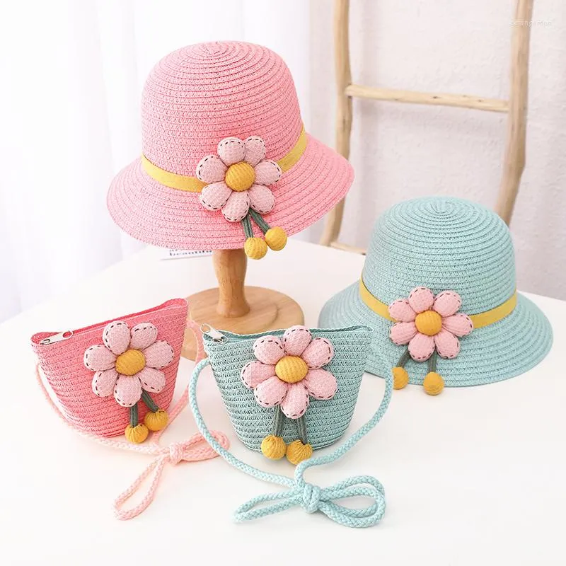 Berets Kind Prinzessin Sommer Nette Blumen Stroh Hut Sonnenschutz Strand Kappe Mit Handtasche Taschen Zwei Stücke Sets Mädchen Blumen hüte