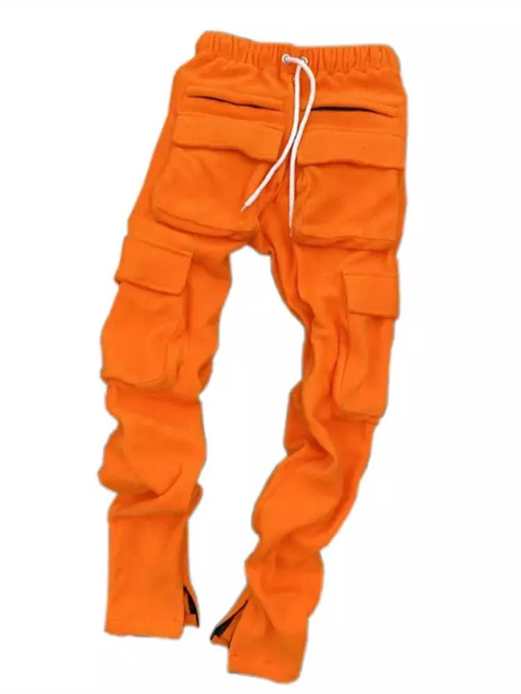 Herrbyxor män överdimensionerade last streetwear långa steg fast färg ull tredimensionella fickor smala panelerade varma byxor man g220929