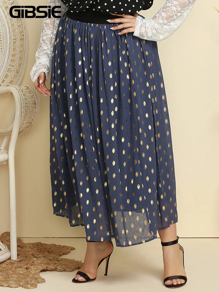 Sukienki w dużych rozmiarach Gibsie Polka Dot Gilding plisowane długie spódnice damskie eleganckie elastyczne talia plus size kobiety