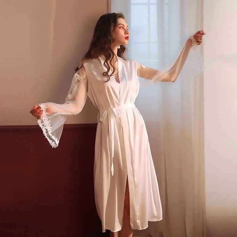 Vêtements de nuit pour femmes Robe longue à manches en dentelle pour femmes Sexy Col en V Peignoir de mariage Blanc Vêtements de nuit intimes Robe de nuit ample Pyjamas amples T221006