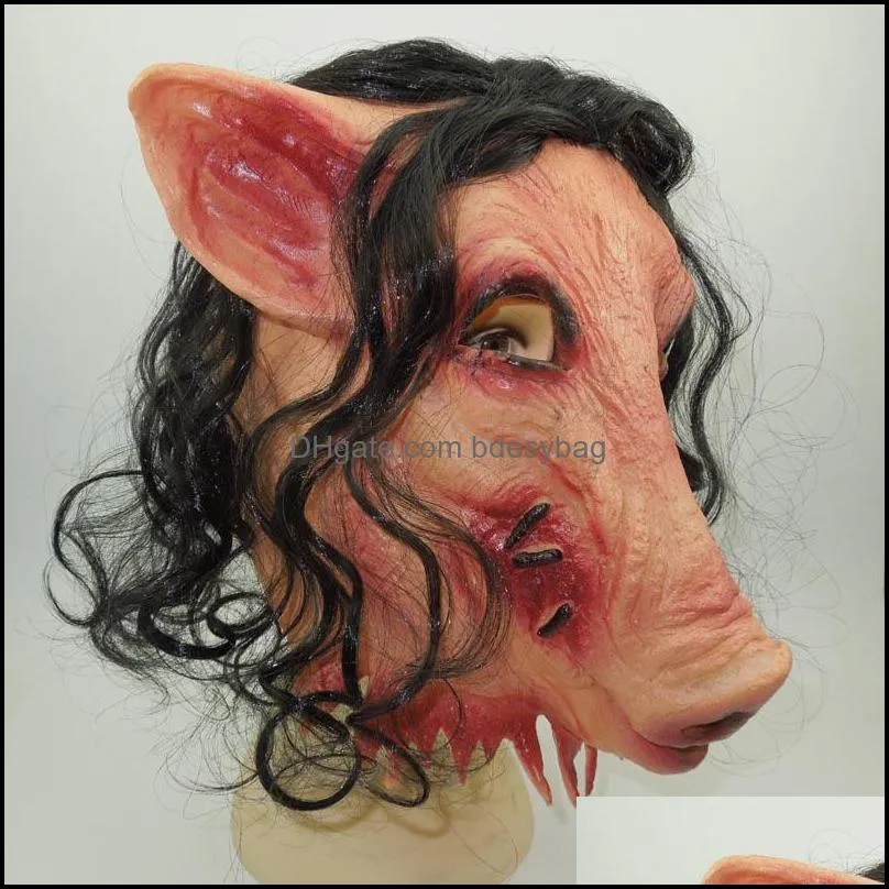 Party Masks Wholesale-Scary Roanoke Pig Mask Adults Full Face Animal Latex Halloween Horror Masquerade With Black Hair H-0061