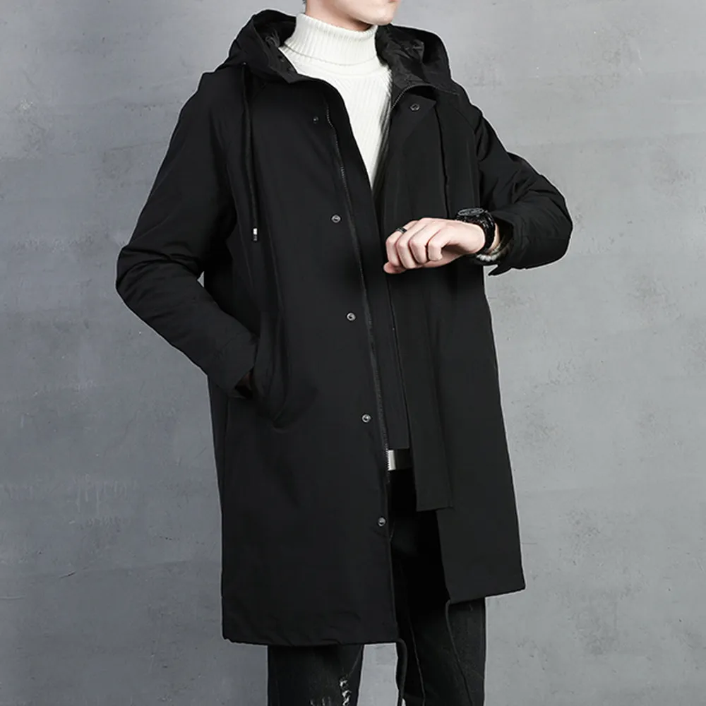 Mens long black cheap trench coat with hood