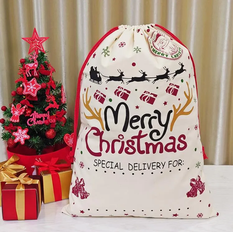 New Christmas Santa Sacks Canvas Cotton Bags Large Organic Heavy Drawstring Gift Bag Festival Party Christmas Decorations 50x70cm SN4205