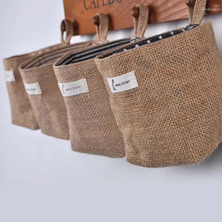 Borse portaoggetti Creative Jute Keg Retro Hanging Pocket Basket contenente vasi da scrivania Decorazione domestica