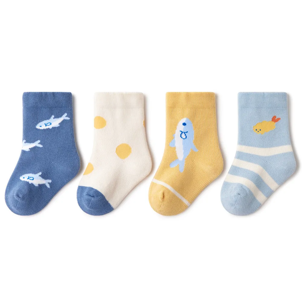 Socken Herbst Junge 4 Paar Box Cartoon Fisch Serie Baby Skarpety Mittelrohr Kinder Baumwollsocken 221006