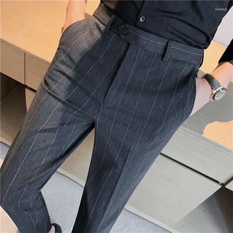 Men's Suits 2022 Men Suit Pants Dress Stretch Slim Straight Black Striped Formal Boutique Fashion Man Clothing Ankle Trouser