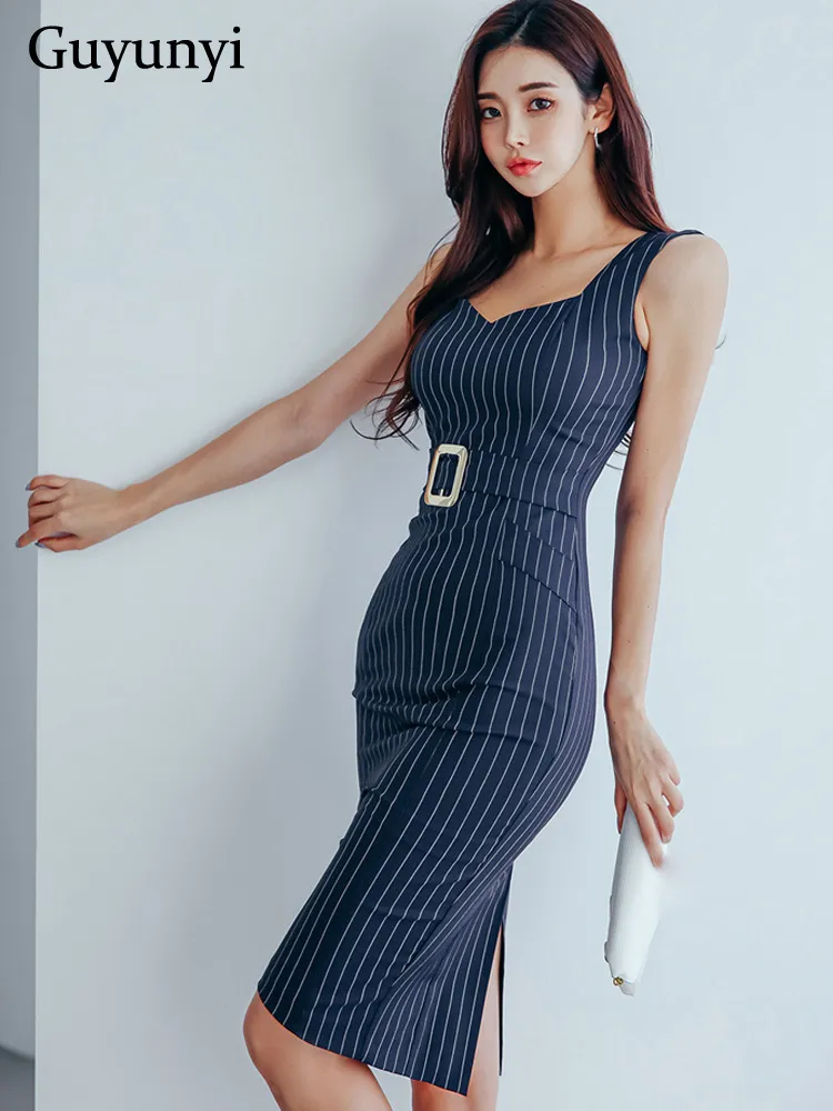 Work Dresses Stripe Office Lady Sheath Dress Summer Sexy Tank Sleeveless Square Neck High Waist Tight Profession Elegant OL Dress Women 221006