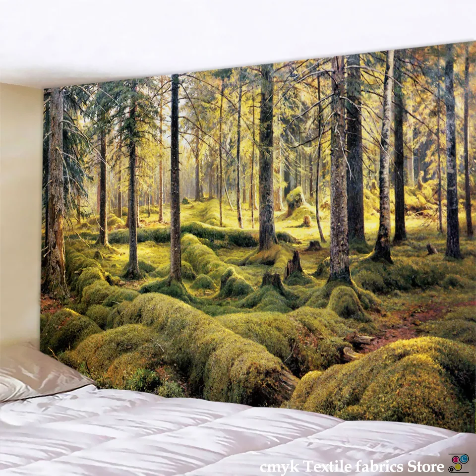 Arazzo da parete con albero della foresta fantasy, paesaggio naturale bohémien, tessuto stampato nella giungla, grande arazzo estetico per la decorazione della stanza  15