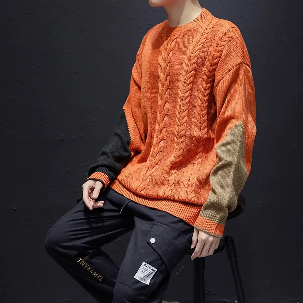 Oranje truien mannen dikke gebreide sweters patchwork ontworpen pollover truien casual warme shirts met lange mouwen