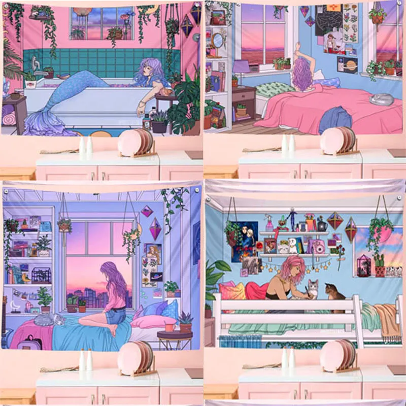 Tapisseries anime tapestry kawaii vackra girly tidig morgon vägg strand filt sovrum dekoration design trippy rosa söt bakgrund 221006