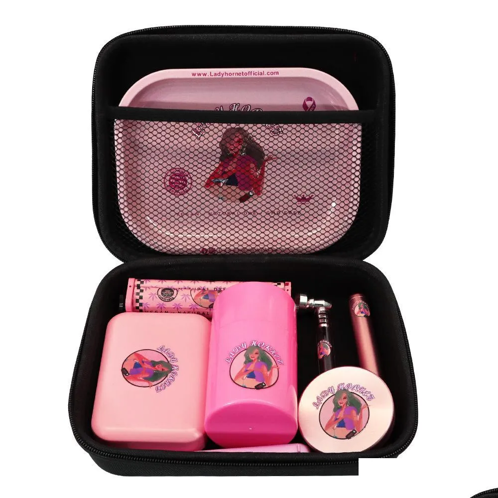 Andra rökningstillbehör Glasrör med cigarettstillverkare Rolling Tray Herb Grinder Pink Set Lady Hornet Portable Reting Drop Delivery 20 DHTHC