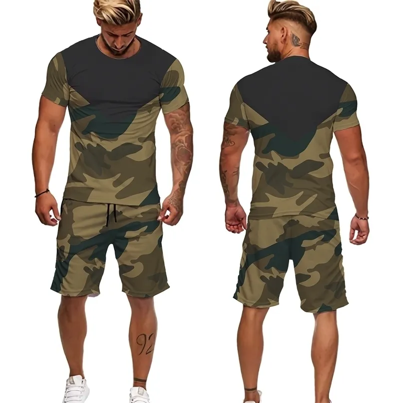 Herren-Trainingsanzüge, Sommer-Herren-Camouflage-T-Shirt/Shorts/Anzug, kurzärmlig, Street-Style, Sportbekleidung, T-Shirt, Shorts, lässig, lockere Passform, 221006