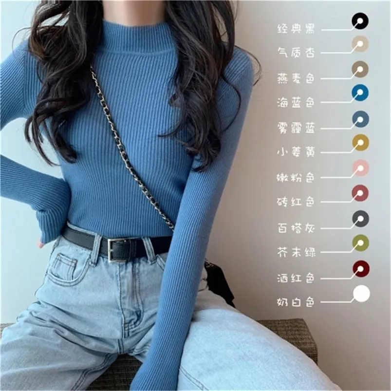 Women's Sweaters 11 Colors Options Free Size Women's Sweaters Autumn Long Sleeve Thin Turtleneck Stretch Matte Blue Knitted Pullover Sweater Tops 221006