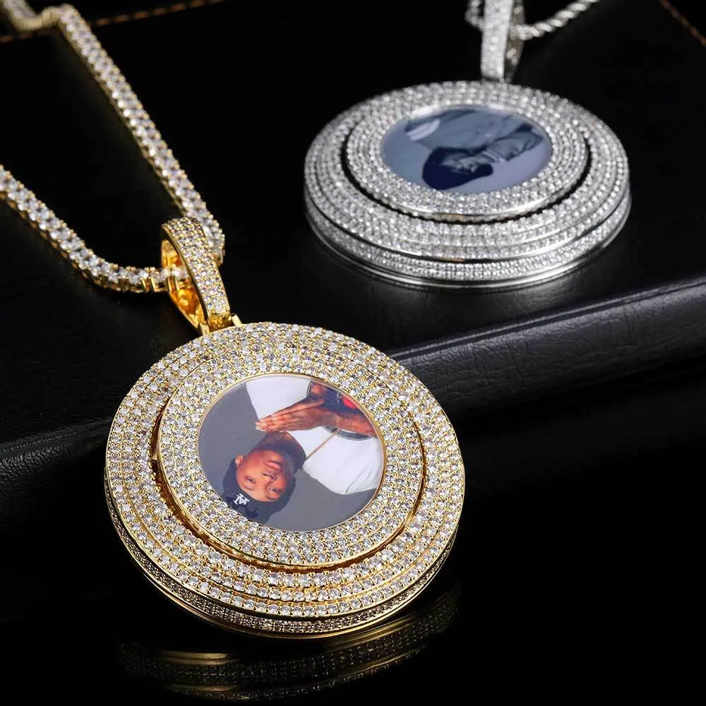 Customize Memorial Photo Pendant Necklace Rotatable with Bling Diamond Stone Zircon Men Women Lover Christmas Gift