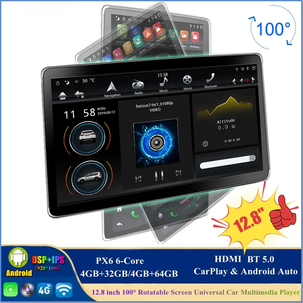 Android 9.0 Universal Car DVD Player 2 din 12.8" PX6 100° Rotatable IPS Screen Stereo Radio Multimedia GPS Head Unit Bluetooth 5.0 4G LTE WIFI Steering Wheel Controls