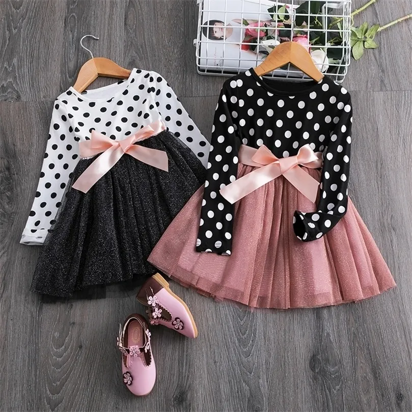 Girls Dresses Long Sleeve Dress For Girl Polka Dot Bow Kid Clothes 2 3 4 5 6 Year Baby Tutu Birthday Outfit Party Wear Summer Dress Cloth 2201006