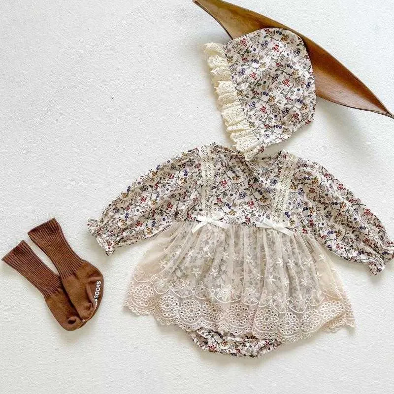 Dompers Baby Girl Bodysuit 2021 New Floral Baby Labe Princess Drence Hat Hate Neworn Made Made Prompsuit Clothing 6m3t J220922