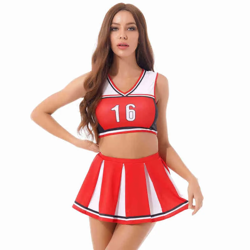Women's Tracksuits Womens Color Block Cheerleading Suit Role Play Cheerleader Outfits Letter Printing V Neck Sleeveless Crop Top with Pleated Skirt T220909