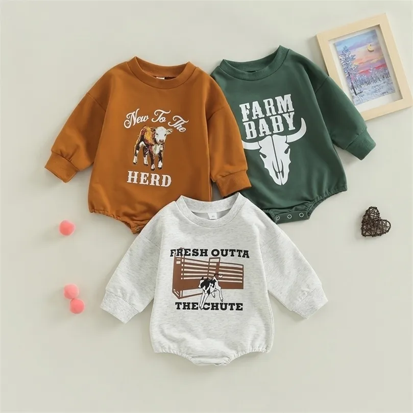 Footies FOCUSNORM 018M Autumn Baby Girls Boys Sweatshirt Romper Long Sleeve Letter Cow Print Button Jumpsuits 3 Colors 2201006