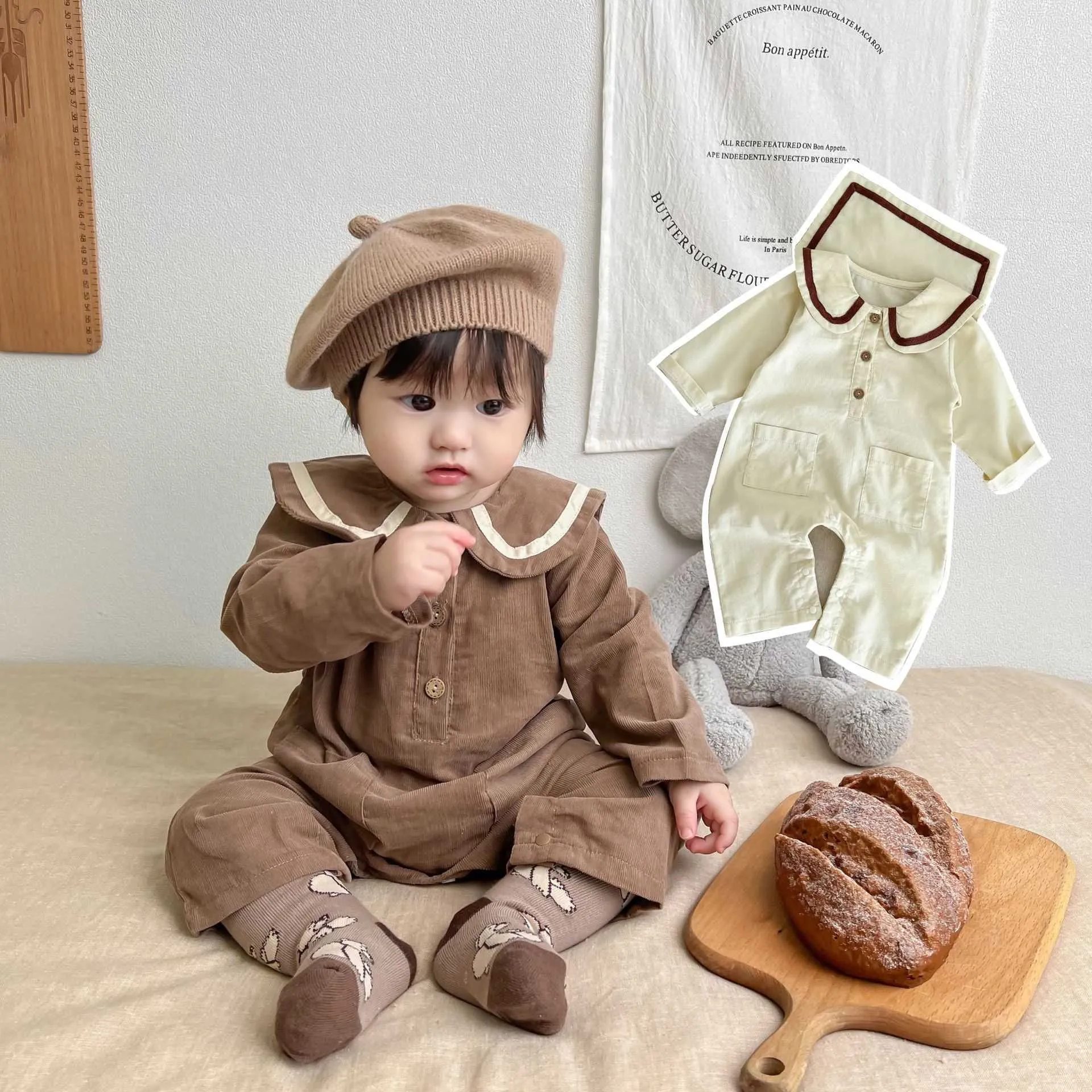 Rompers Cute Newborn Baby Girl Solid Sweet Peter Pan Collar College Style långa ärmar Jumpsuit Boy Lose Cotton Romper One Piece J220922