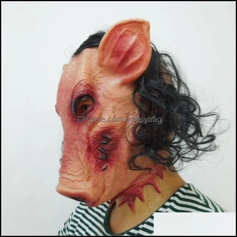 Party Masks Wholesale-Scary Roanoke Pig Mask Adults Full Face Animal Latex Halloween Horror Masquerade With Black Hair H-0061