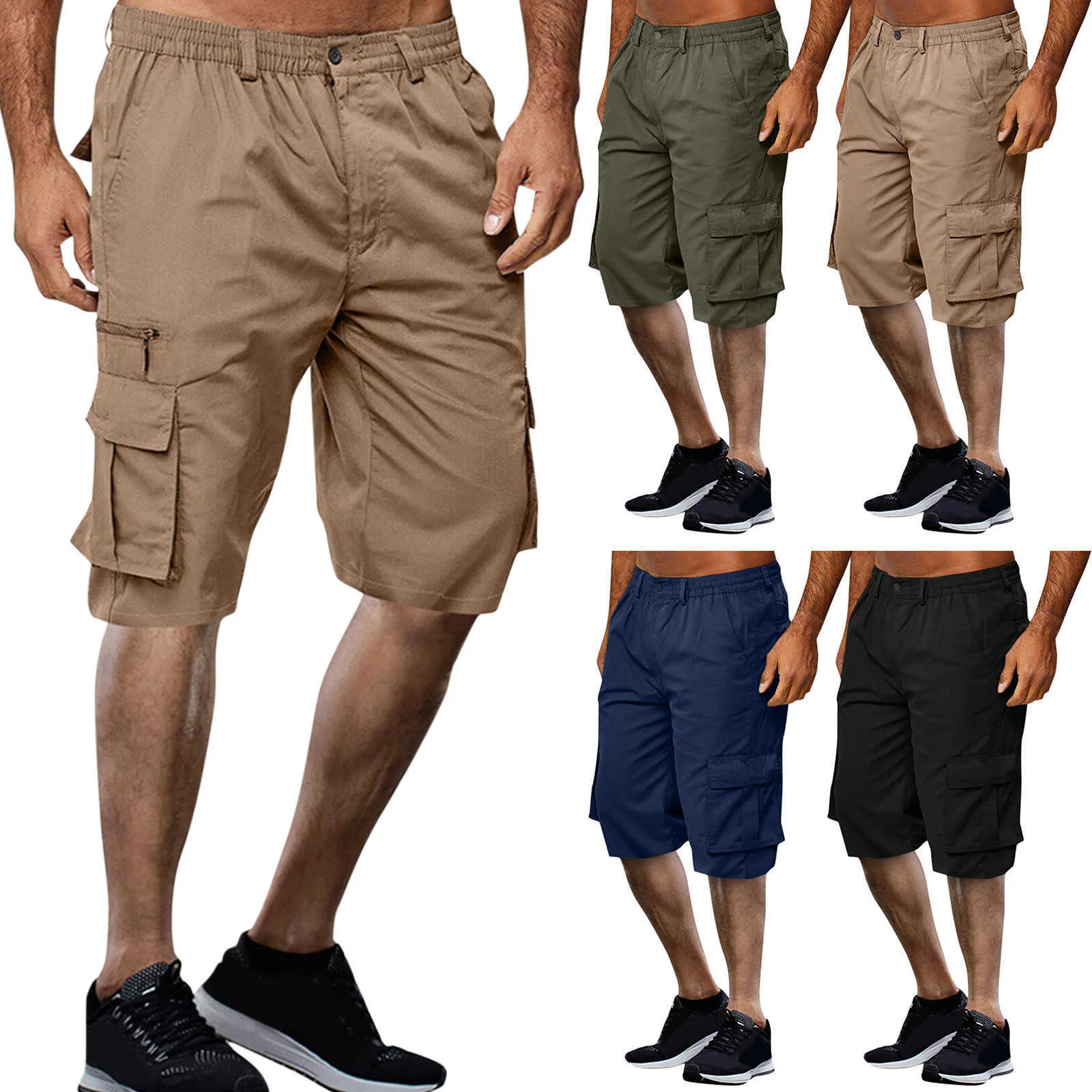 Calça masculina verão de verão masculino sólido cargo de calça elástica de cintura com zíper de bolso voador de bolso de bolso de espuma cultivada G220929