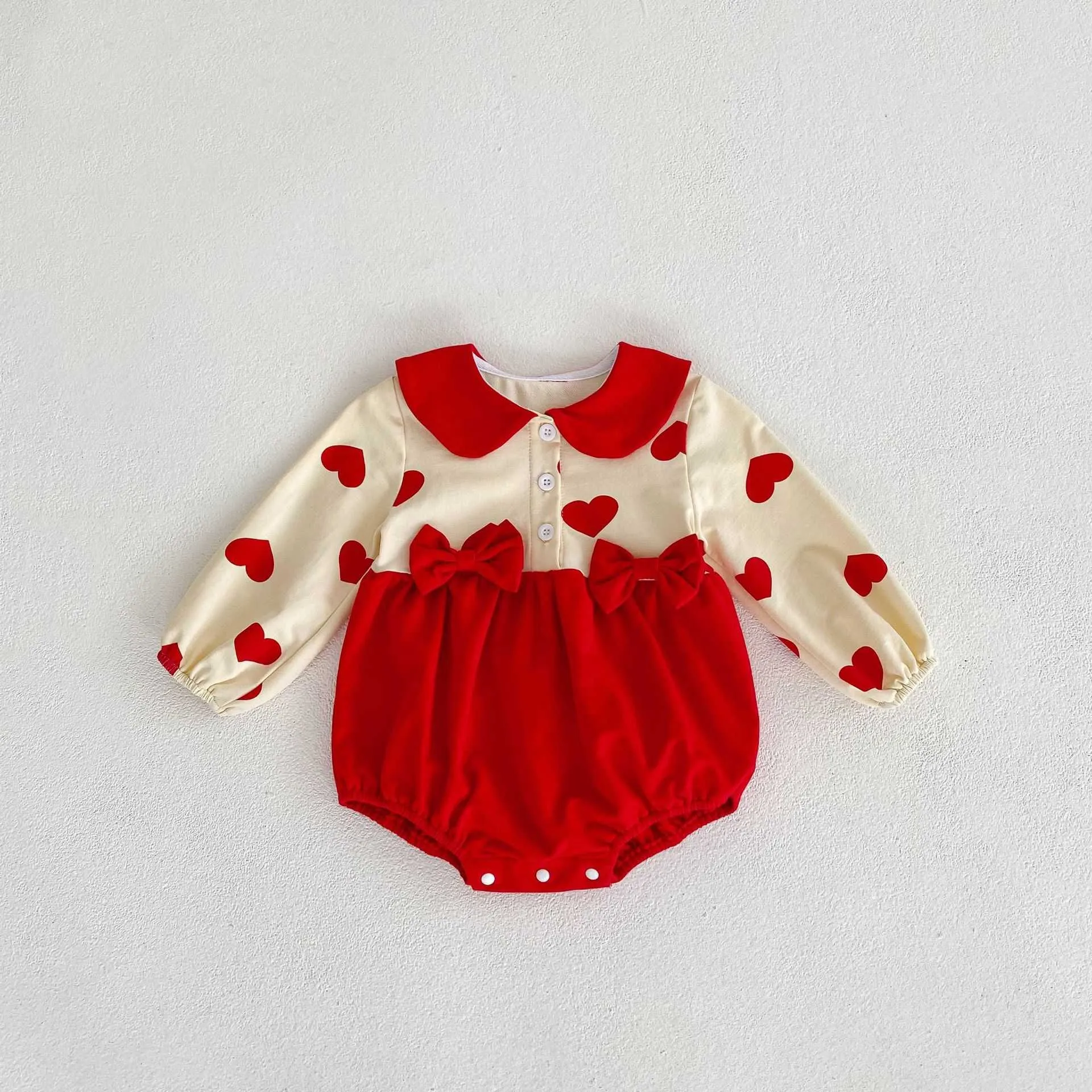 Rompers 2022 Autumn New Girl Toddler Love Print Long Sleeve Jumpsuit Baby Double Bows Fashion Romper Infant Casual Cotton Onesie Costume J220922