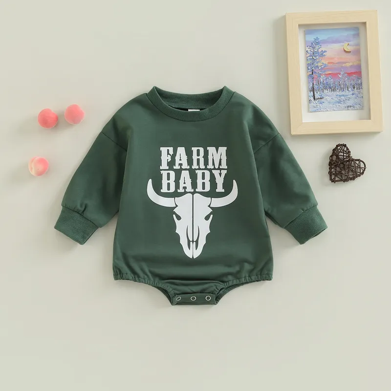 Footies FOCUSNORM 018M Autumn Baby Girls Boys Sweatshirt Romper Long Sleeve Letter Cow Print Button Jumpsuits 2201006
