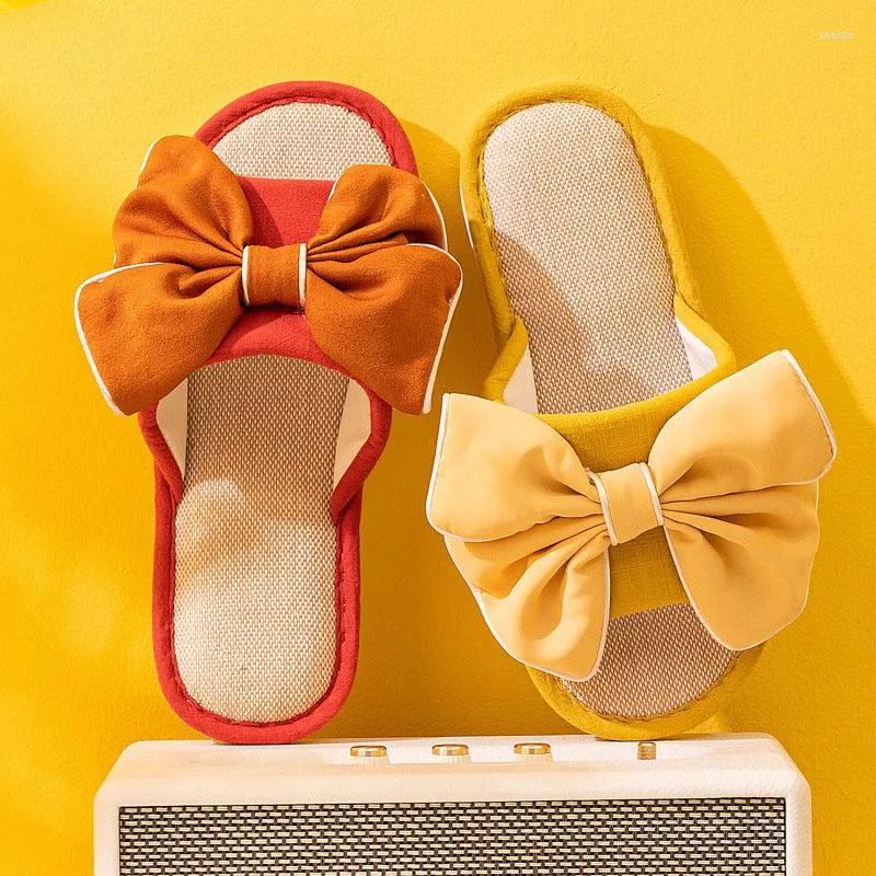 Terlik 2022 Moda Büyük Yay İlkbahar Ve Yaz Kapalı Açık Rahat Keten Kat Açık parmaklı Kadın Ev Ayakkabı Y