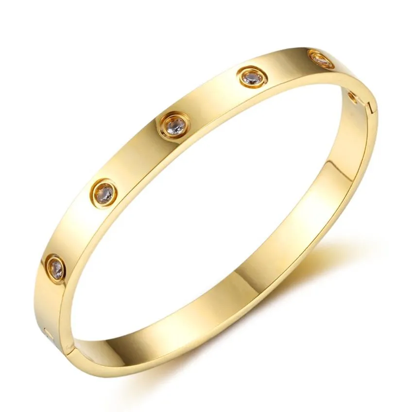 Charm Online Shopping Ladies Jewelry 18k Gold Plated Stainless Steel Love Cuff Bangle with Diamond215C