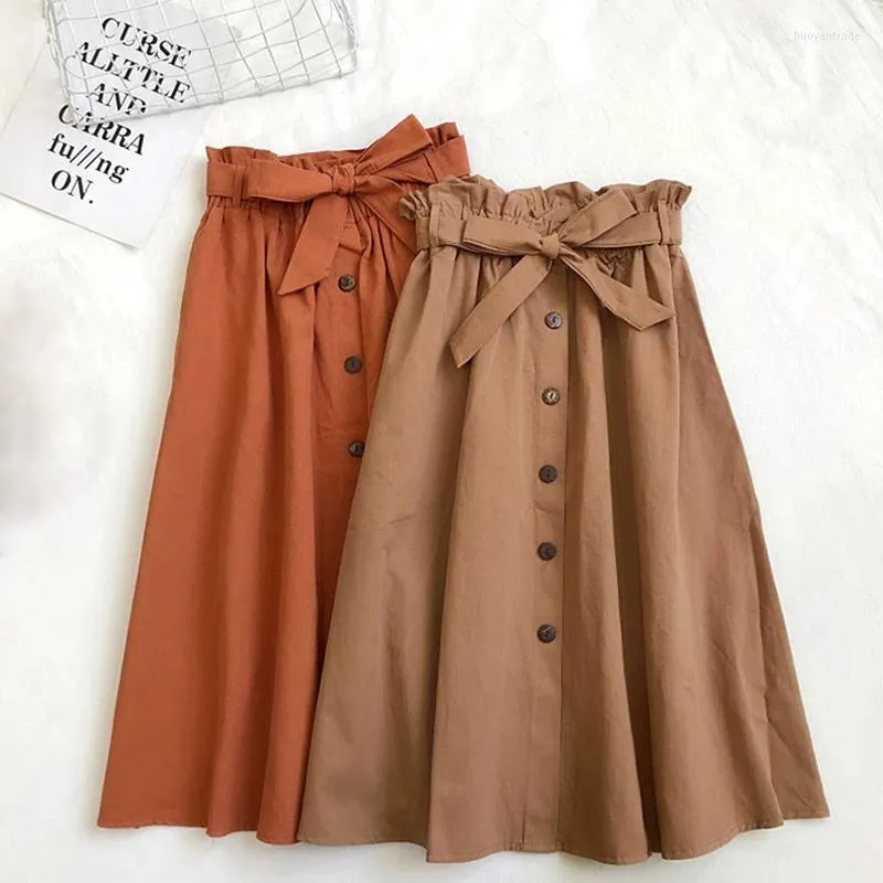 Skirts Women Cotton Skirt 2022 Spring Summer Preppy Style Solid Casual Elegant Pocket Elastic High Waist A-Line Midi Fald