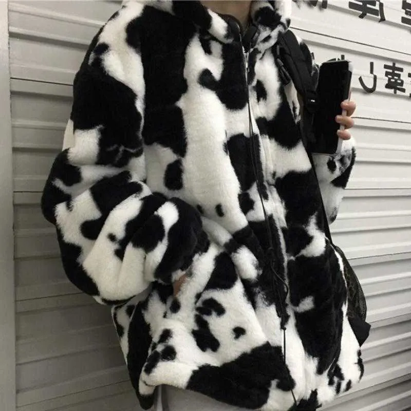 Jassen winter vrouwen fleece harige teddy jas Harajuku melkkoe print faux bontjack vintage hiphop warme streetwear y2210