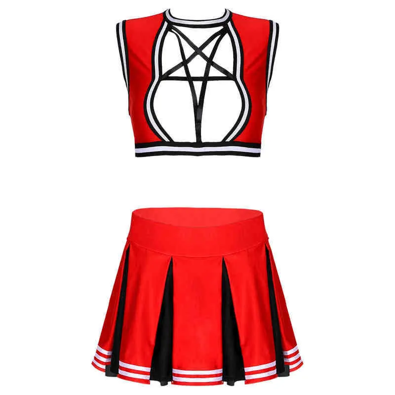 Women's Tracksuits Womens Cheerleader Uniform Cheerleading Outfit Role Play Come Strappy Hollow Out Crop Top with Color Block Pleated Skirt T220909