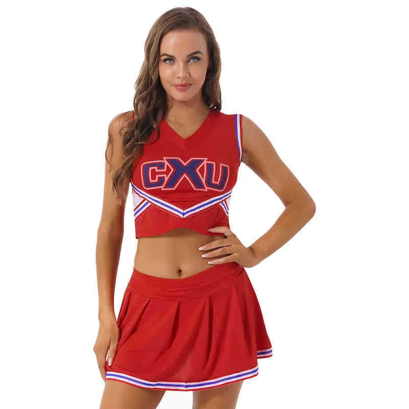 Tracksuits voor dames dames cheerleading outfits schoolmeisjes groep cheerleader cheerleader come letter printing v nek mouwloos t-shirt met geplooide rok t220909